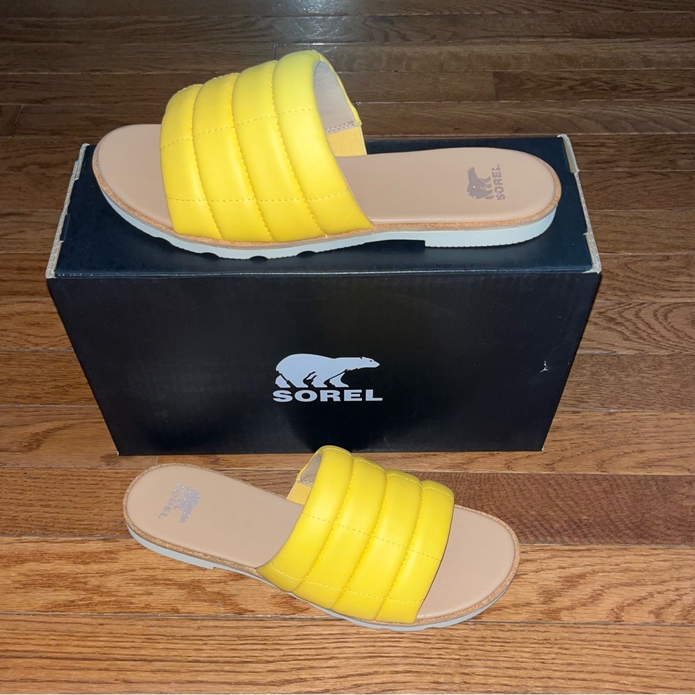 Sorel Ella III Quilted Puff Slide Sandals Yellow Ray / Honey White Women’s 9